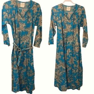 Guadalupe Turquoise Floral Maxi Dress Long Sleeve Belted/Caftan Size S Resort